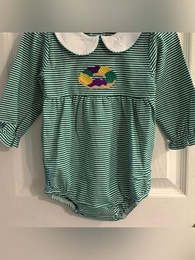 Jellybean Girl's Long-sleeve Romper w/Mardi Gras King Cake Embroidery 9 Months